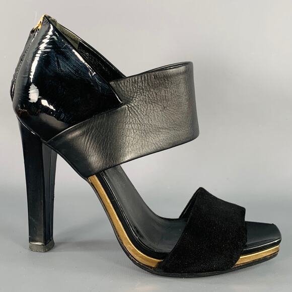 GUCCI Size 8.5 Black Gold Suede Patent Leather Ankle Sandals - Picture 2 of 11